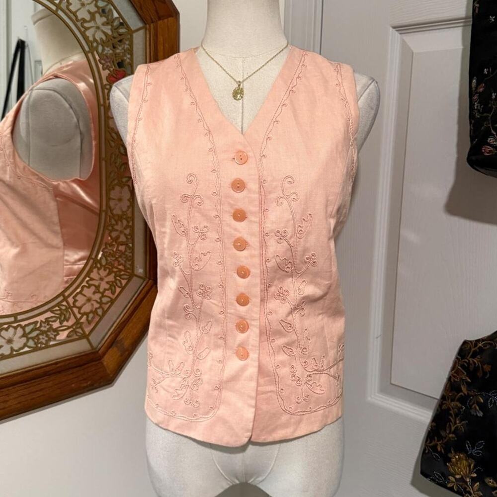 NWT VTG 90s Stephanie Andrews Peachy Pink Floral Embroidered Linen Vest Top M
